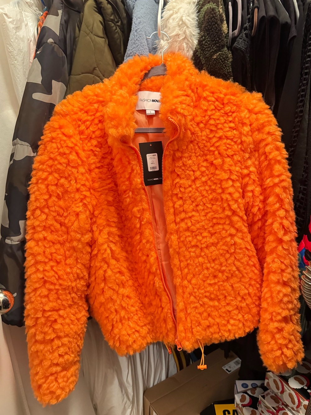 Fashion Nova Womens Orange Faux-Sherpa Zip Jacket
